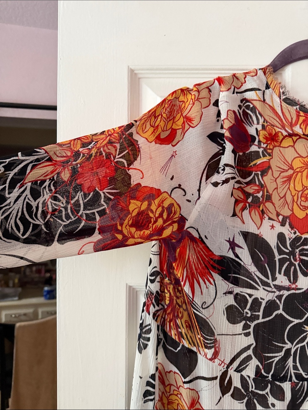 Free People Floral V-Neck Tiered Maxi Dress in White, Orange, & Black - Picture 10 of 11